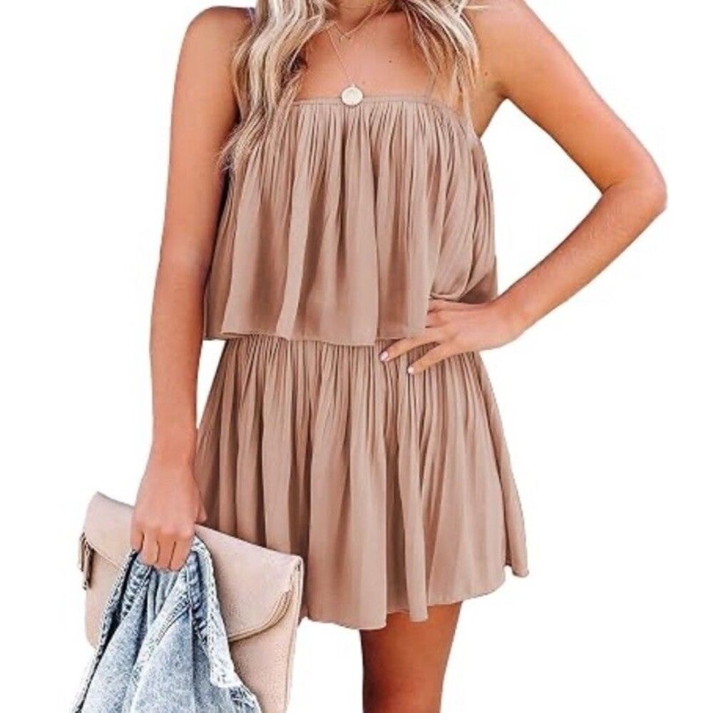 NWT Prettygarden Womens Summer Short Romper Jumpsuit Size M Tan Khaki Flowy Boho
